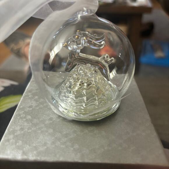 LED Lit Christmas Tree Ornament Round Blown Glass Center Reindeer Multi Color - Picture 2 of 6